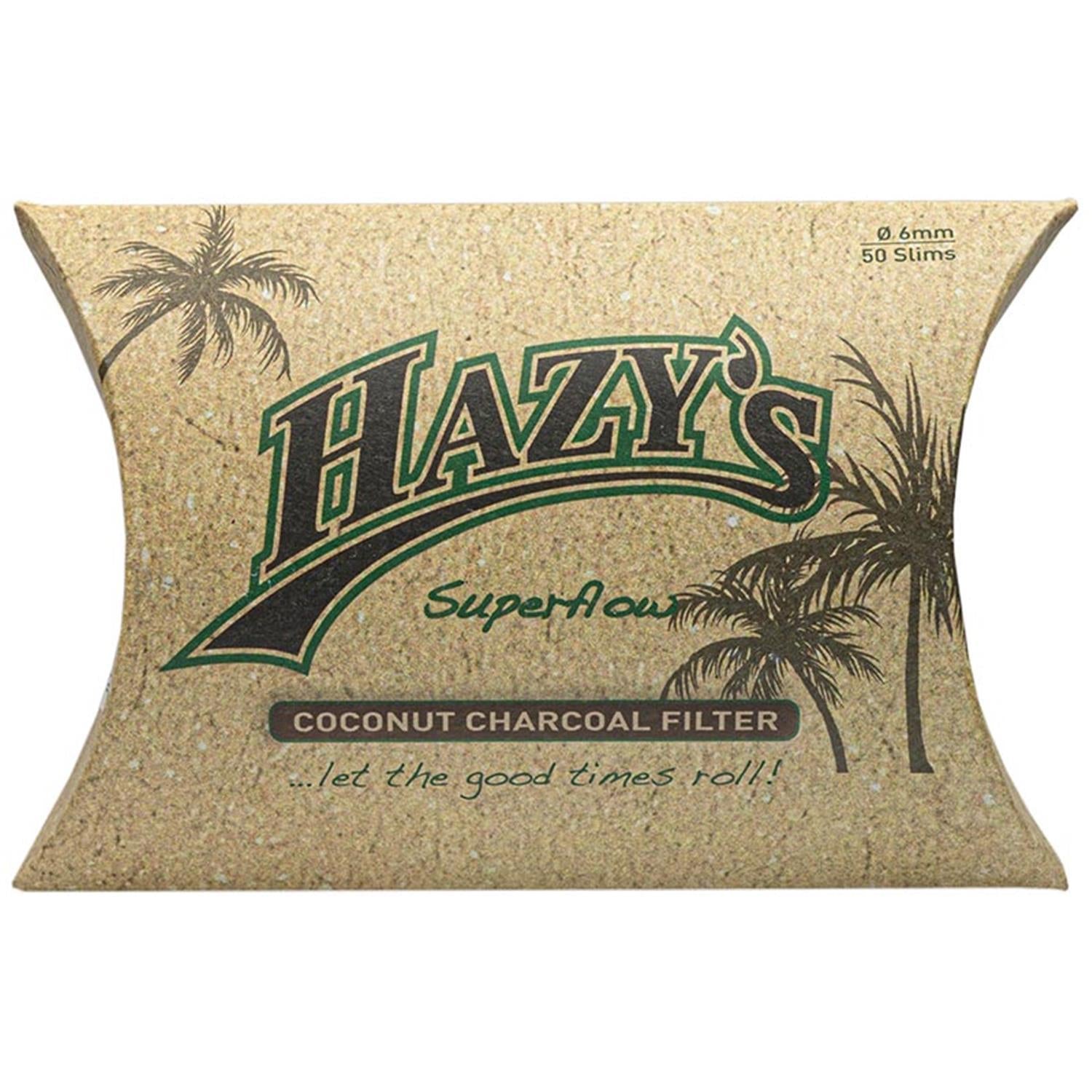 Hazy's Superflow Coconut Charcoal Filter 50er Pack Slim – kissenförmige Verpackung in Korkoptik mit Palmen-Illustration, grünem Hazy's-Schriftzug und Aufschrift "...let the good times roll!", Ø 6mm, 50 Slims